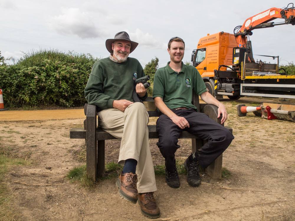 Hampshire County Council Ranger, Pete Potts, views progress from the bench on the Hayling Billy Trail