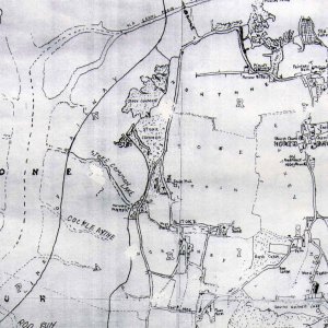 This is an extract from an 1864 Map of Hayling Island. It extends from the 1824 road bridge in the north to Stoke village to the south. It also shows the route of the proposed railway running on an embankment in Langstone Harbour. Two ares of Common Land are present, Creek Common to the north and Stoke Common just to the west of Stoke village..The southern most point is West Lane