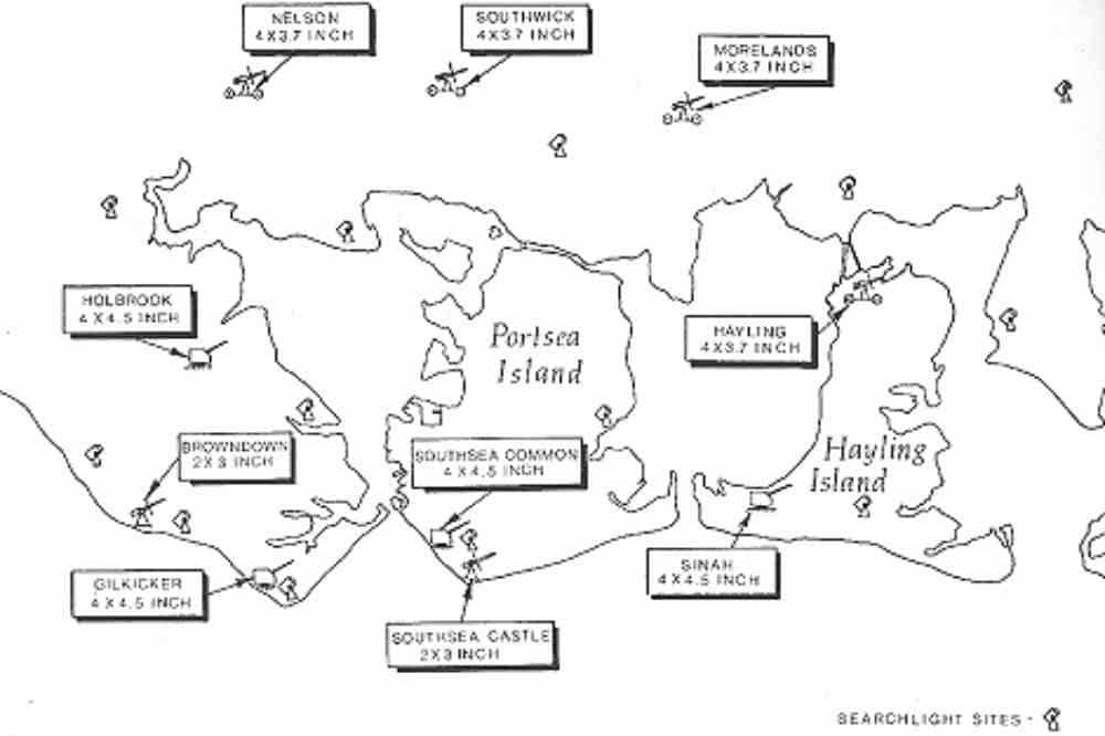 Heavy Ant-Aircraft Guns and Searchlights locations in the Portsmouth area 1940 Portsdown Tunnels